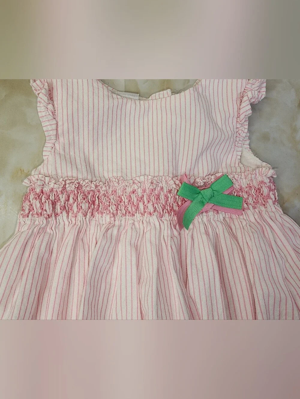 Vintage First Impressions Pink Striped Bubble Dress with Green Bow